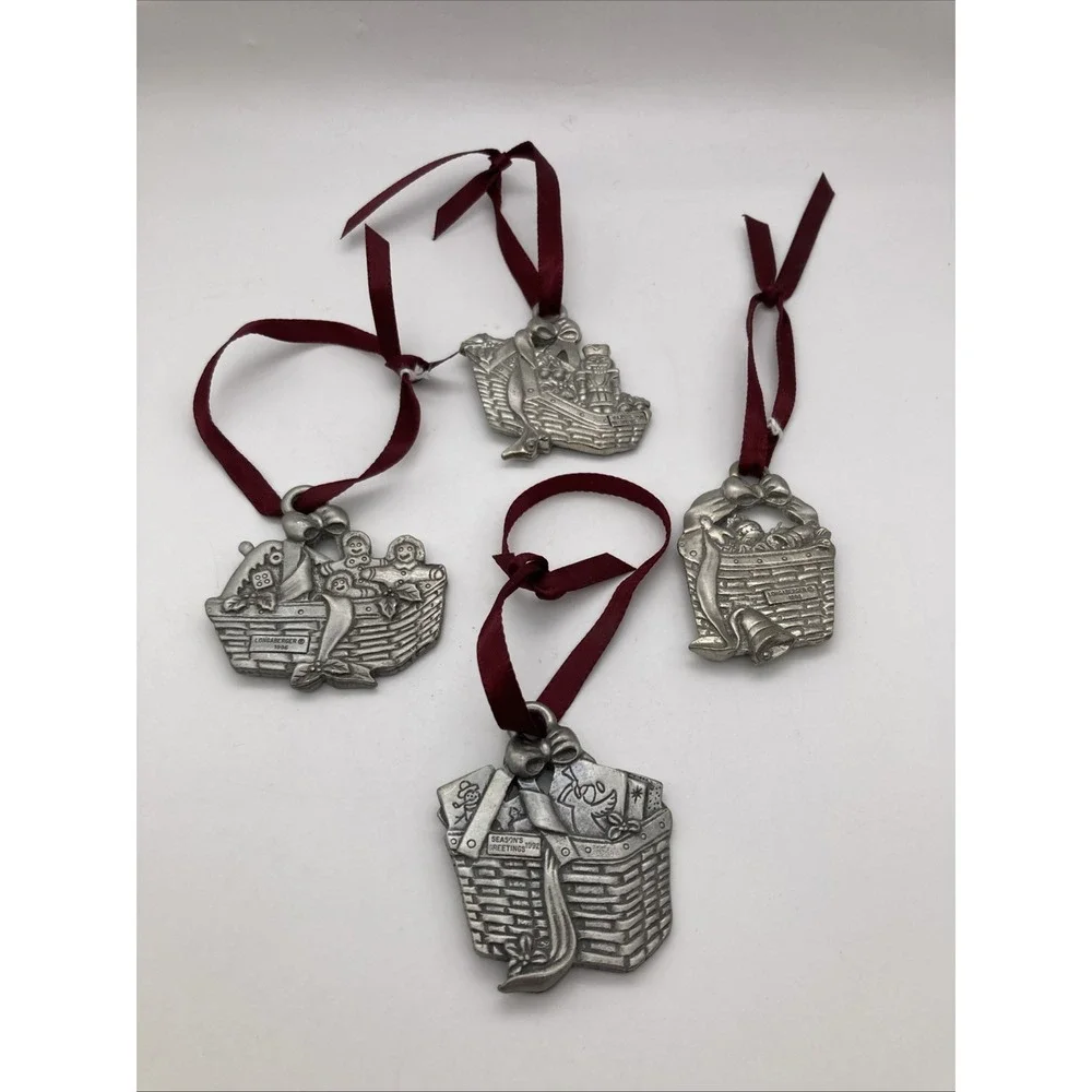 Vintage Set Of 4 Longaberger Pewter Christmas Ornaments 1989-1996 Maroon Ribbon